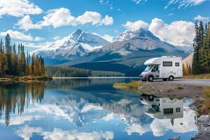 AI generated Beautiful nature landscape and campervan. Motorhome, road trip, travel and vacation concept photo