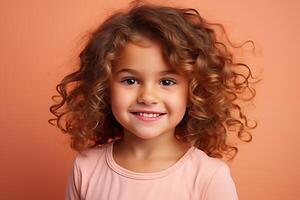 AI generated Portrait of happy smiling cute girl against a orange background. Studio shot, copy space photo