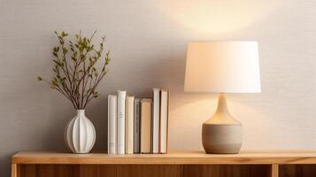 AI generated A modern white lamp with golden accents and a linen shade stands beside tomes atop a simplistic wood sideboard against a barren beige wall, creating a mockup 3D close-up. photo