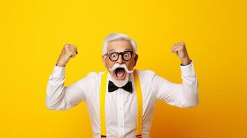 AI generated Elderly eccentric silver-haired man with a mustache and beard, wearing a white shirt and bow tie, posing against a yellow background in a studio with room for text photo