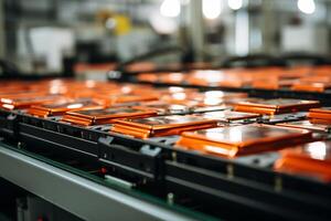 AI generated Production of High-voltage Battery Cells for Electric Cars in Close-up. photo