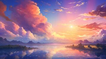 AI generated Vibrant anime-inspired oil painting of a stunning, magical landscape with colorful skies, clouds, and sunset. photo