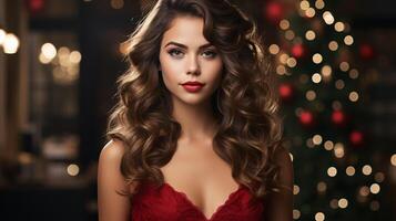 AI generated A glamorous brunette in a scarlet gown flaunting lustrous curls is posed against a festive backdrop. photo