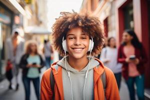 ai generado genuino retrato de alegre adolescente con retenedores vistiendo auriculares mirando a lente en pie en acera con compañeros en fondo. optimista camino de viviendo, calentar clima idea. foto