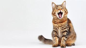 AI generated A red tabby feline with stripes sits, tail draped across front legs, and lets out a loud cry. photo