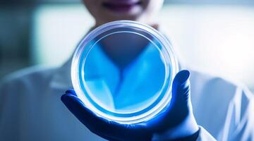 AI generated A female scientist inspects a beaker of azure fluid in a lab, granting ample space for copy. photo