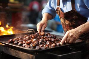 AI generated A man worker roasting chestnuts in the street in Chinatown with a close-up hand movement. photo