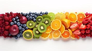 AI generated A colorful, imaginative arrangement of fruits, sorted by hues, is displayed on a blank canvas. photo