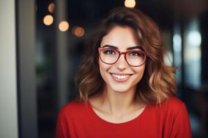 AI generated Gorgeous woman with a cheerful expression wearing fashionable red glasses, posing for a genuine portrait as an intelligent and joyful learner. photo