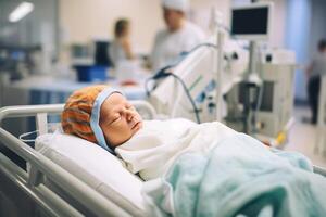 ai generado adorable caucásico infantil descansando en un hospital cuna con un identificación pulsera en el tobillo. simbolizando salud, el embarazo, y maternidad. foto