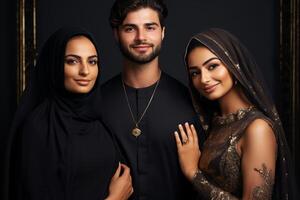 AI generated Stunning Arab adults wearing traditional attire in a studio portrait in Dubai. photo