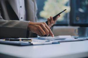 Office, tablet and business man happy for positive financial savings, finance budget report or administration feedback. Growth analytics, data analysis review and person smile for research statistics photo