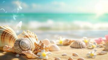 AI generated sea shells and starfish on sand on the sandy beach. Summer background photo