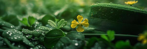 AI generated St. Patrick's Day concept clover background, green hat, leaves clovers photo
