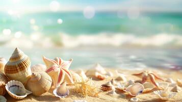 ai generado mar conchas y estrella de mar en arena en el arenoso playa. verano antecedentes foto