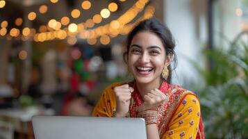 ai generado retrato de un hermosa joven mujer trabajando utilizando computadora ordenador portátil concentrado y sonriente foto