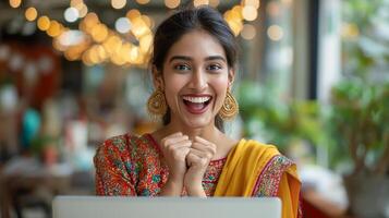 ai generado retrato de un hermosa joven mujer trabajando utilizando computadora ordenador portátil concentrado y sonriente foto