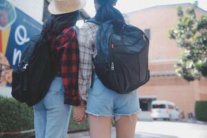 Woman travel around the world with backpack freedom and relax life concept. photo