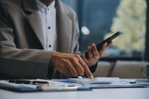 Office, tablet and business man happy for positive financial savings, finance budget report or administration feedback. Growth analytics, data analysis review and person smile for research statistics photo