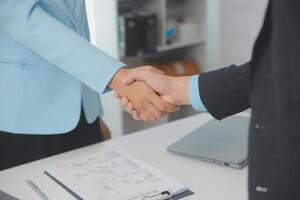 Close up view of job interview in office, focus on resume writing tips, employer reviewing good cv of prepared skilled applicant, recruiter considering application, hr manager making hiring decision photo
