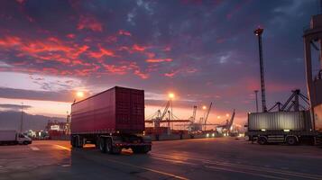 AI generated Truck trailer on the pier in the cargo port terminal with cranes and containers. AI Generated photo