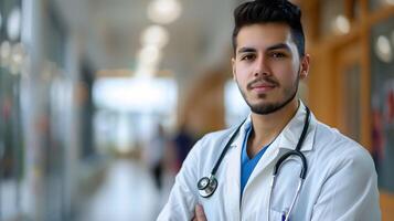 ai generado retrato de un masculino médico trabajador con un estetoscopio. ai generado foto