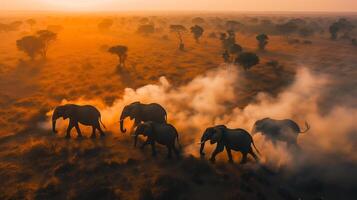 AI generated A herd of elephants are walking through a field of tall grass photo