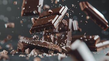 AI generated Sweet dark chocolate bar broken into pieces. AI Generated photo