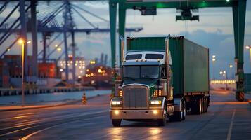 AI generated Truck trailer on the pier in the cargo port terminal with cranes and containers. AI Generated photo