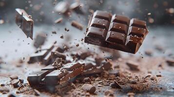 ai generado dulce oscuro chocolate bar roto dentro piezas. ai generado foto