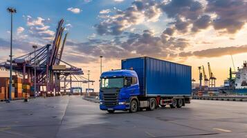 ai generado camión remolque en el muelle en el carga Puerto terminal con grúas y contenedores ai generado foto