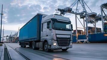 AI generated Truck trailer on the pier in the cargo port terminal with cranes and containers. AI Generated photo