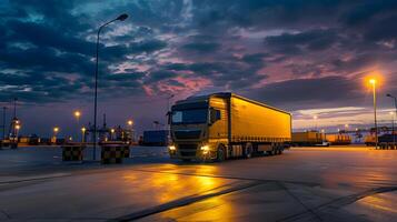 ai generado camión remolque en el muelle en el carga Puerto terminal con grúas y contenedores ai generado foto