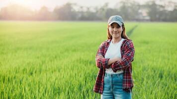 Female farmer with crossed arms standing in an endless green rice field with the sun setting in the background. photo