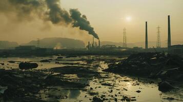 A polluted city with a large amount of smoke and a sun in the background photo