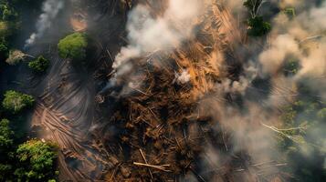 A forest fire is burning in the distance, with smoke billowing into the sky photo