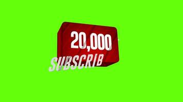 Celebration of 20.000 subscribers on social networks against green background. 3D animation video