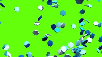 Wall of blue hexagons explodes against green background. 3D animation video