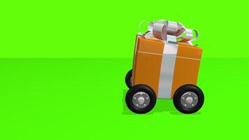 Orange gift box with silver ribbon on wheels moves from left to right against green background. 3D animation video