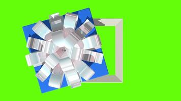 Top view of blue gift box with silver ribbon rotates and lid lifts against green background. 3D animation video