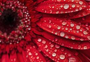 ai generado el flor brillante rojo pétalos, adornado con cristal claro agua gotas, reflejar el belleza de naturaleza en lleno floración. foto