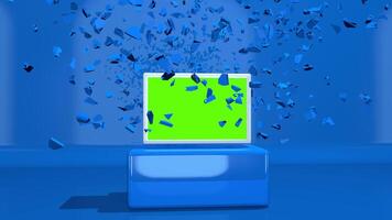 intro video. groen scherm binnen een blauw doos exploderend tegen blauw achtergrond. 3d animatie video