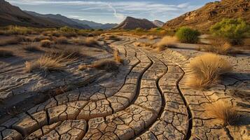 AI generated Golden hour light illuminates a cracked dry riverbed and hardy shrubs in a rugged desert environment, showcasing nature's adaptability. photo