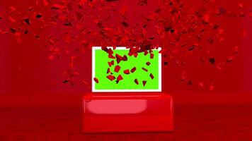 Intro video. Green screen inside a red box exploding against red background. 3D animation video
