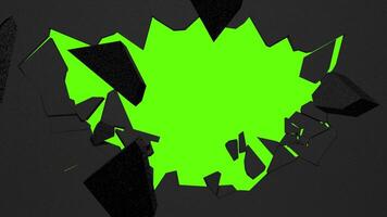 Black colored wall explodes into large pieces against green background. 3D animation video