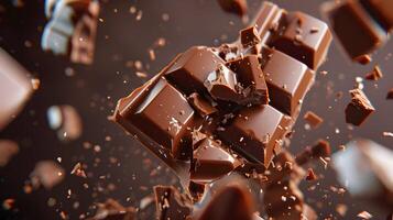 AI generated Sweet dark chocolate bar broken into pieces. AI Generated photo