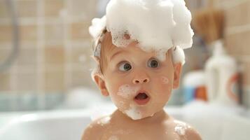 AI generated A cute little child with little foam on his head. AI Generated photo