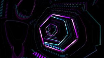 Futuristic black tunnel with hexagonal structure with magenta and cyan lights. Loop sequence. 3D Animation video