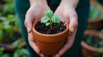 AI generated Human palms hold soil with a green small plant as a concept for business development. AI Generated photo