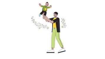 Happy father tossing child in air line 2D characters animation. Joy cheerful parent flat color cartoon 4K video, alpha channel. Middle eastern dad playing with baby animated people on white background video